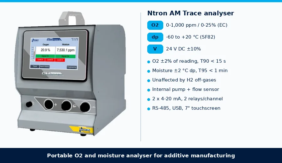 Ntron AM Trace portable oxygen and moisture analyser: electrochemical O2 dual range 0-1000 ppm and 0-25 percent, SF82 dew point -60 to +20 C, 7 inch touchscreen, internal pump