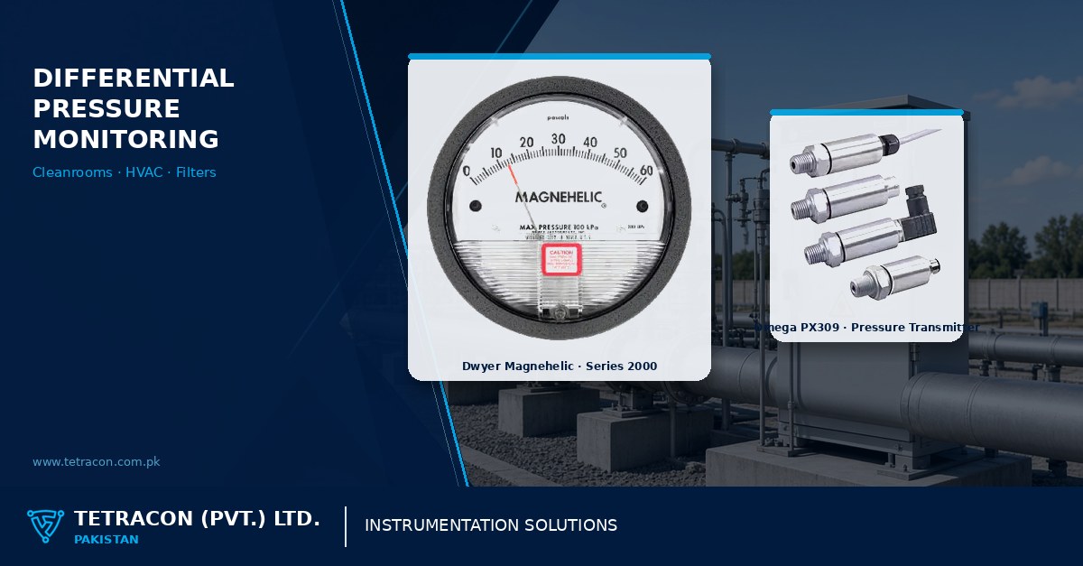 Tetracon branded graphic on differential pressure monitoring for cleanrooms, HVAC and filter banks in Pakistan featuring Dwyer Magnehelic and Omega PX309
