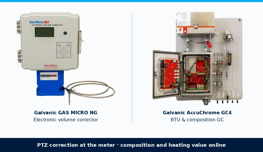 Galvanic GAS MICRO NG electronic volume corrector with mechanical pulse transmitter index and PT1000 probe, and the Galvanic AccuChrome GC4 BTU analyser