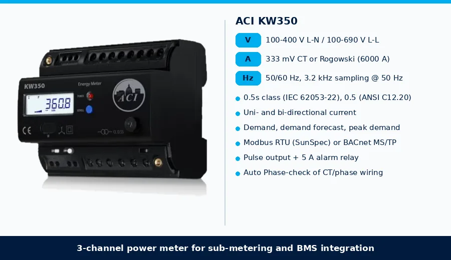 ACI KW350 bi-directional power meter: 3 CT inputs, 0.5 class accuracy, Modbus RTU or BACnet MS/TP, pulse output and alarm relay