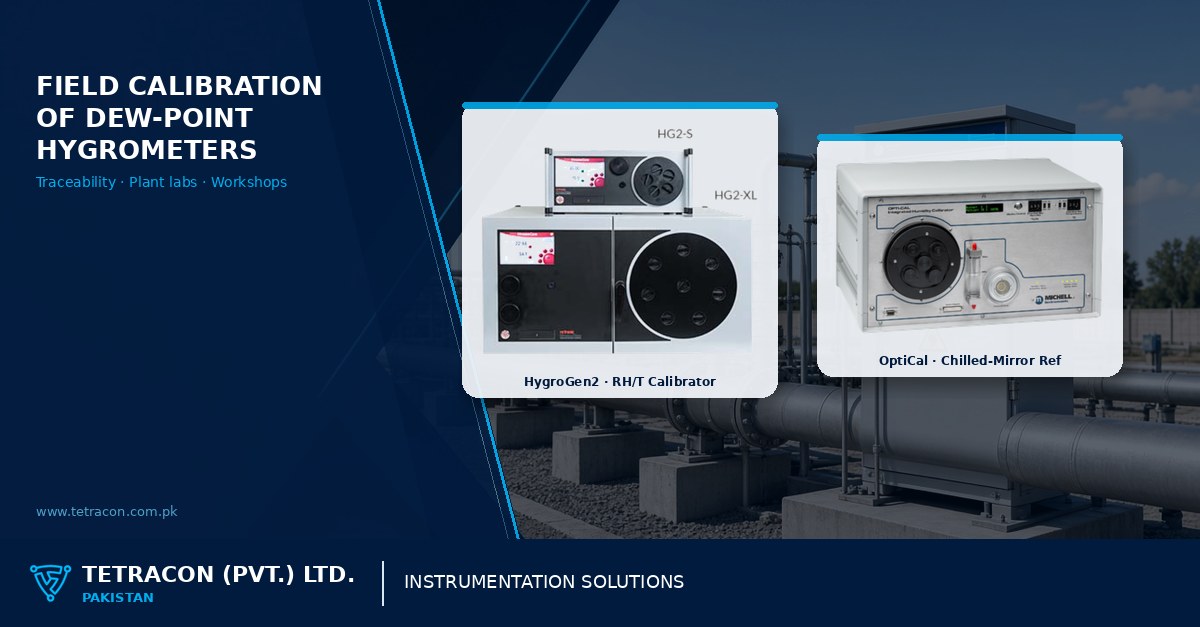 Tetracon branded graphic on field calibration of dew-point hygrometers for Pakistan plants featuring HygroGen2 and OptiCal