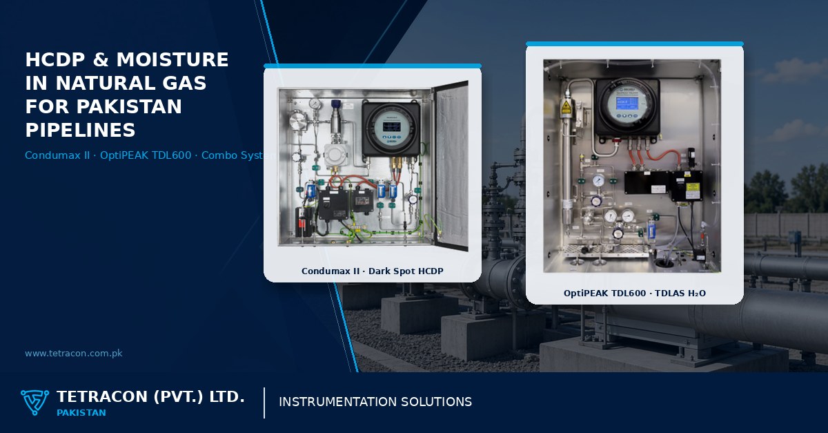 Tetracon branded graphic on hydrocarbon dew point and moisture in natural gas for Pakistan pipelines featuring Michell Condumax II and OptiPEAK TDL600