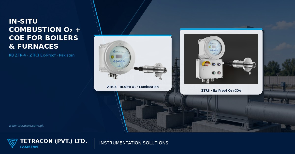 Tetracon branded graphic on in-situ combustion O2 and COe monitoring for Pakistan boilers and furnaces featuring RB Technologies ZTR-4 and ZTR3 Ex-Proof