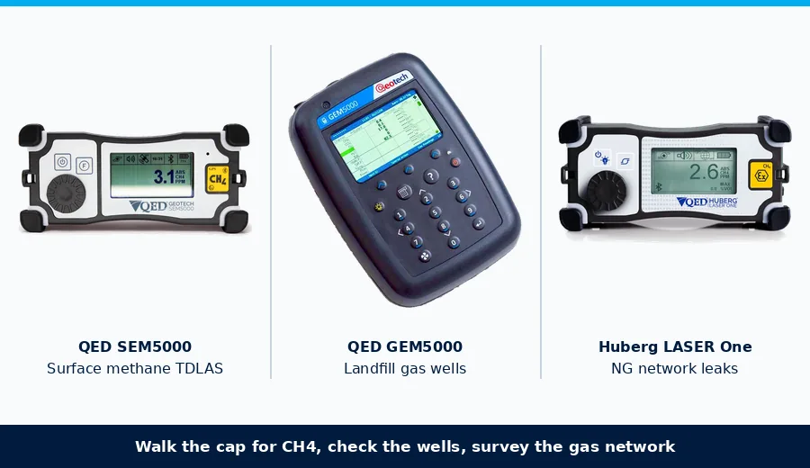 QED SEM5000 portable methane detector with QED GEM5000 landfill gas analyser and Huberg LASER One gas detector