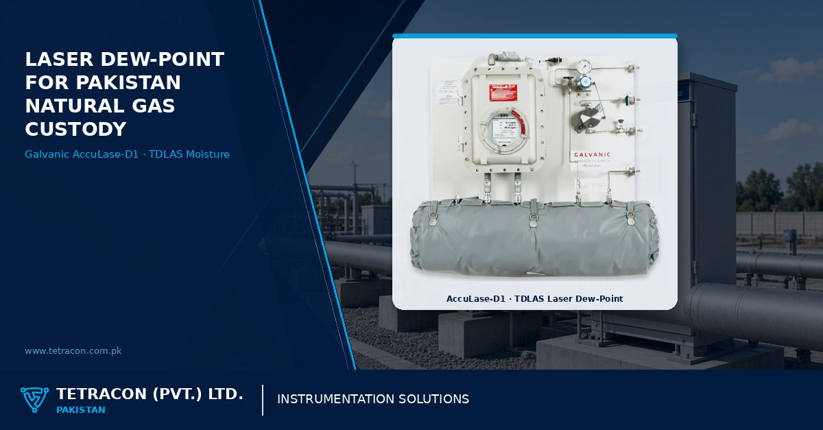 Tetracon branded graphic on laser dew-point analysis for Pakistan natural gas custody transfer featuring Galvanic AccuLase-D1 TDLAS analyzer
