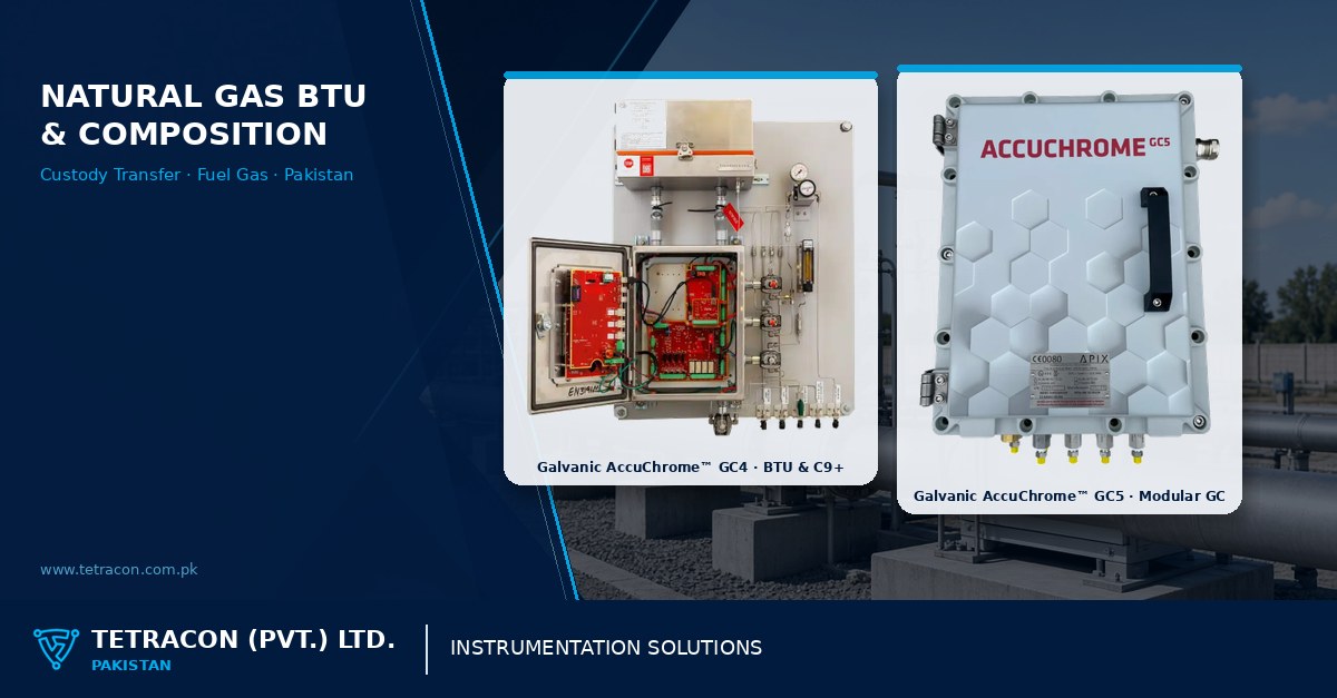 Tetracon branded graphic on natural gas BTU and composition GC analysis for Pakistan custody transfer and fuel gas featuring Galvanic AccuChrome GC4 and GC5