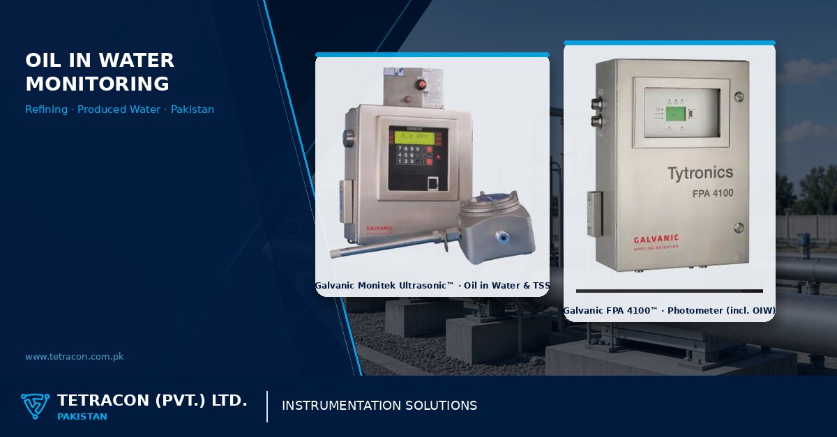 Tetracon branded graphic on oil-in-water monitoring for Pakistan refining, produced water and effluent plants featuring Galvanic Monitek Ultrasonic and FPA 4100 photometer