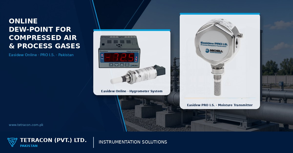Tetracon branded graphic on online dew-point monitoring for compressed air and process gases in Pakistan featuring Michell Easidew Online and Easidew PRO I.S.