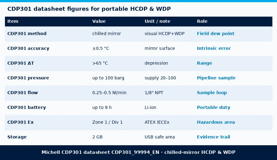 Table of Michell CDP301 depression range, accuracy, sample pressure, battery life and hazardous-area certification from the datasheet