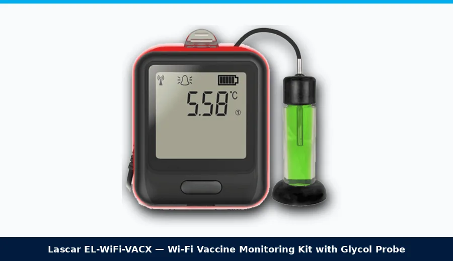 Lascar EL-WiFi-VACX Wi-Fi vaccine monitoring kit with glycol-filled temperature probe