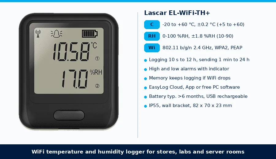 Lascar EL-WiFi-TH+ WiFi temperature and humidity sensor: -20 to +60 °C, 0 to 100 %RH, ±0.2 °C and ±1.8 %RH, EasyLog Cloud